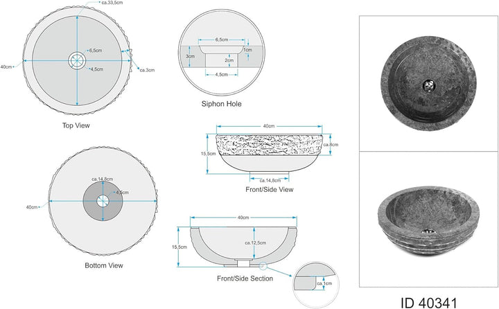 WOHNFREUDEN Marmor Waschbecken grau rund 40 cm - Aufsatz-Hand-Waschbecken Naturstein-Waschschale