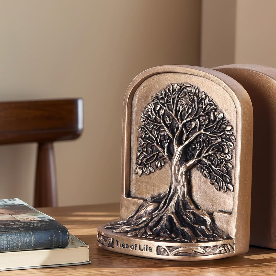 Schwere Buchstützen Baum des Lebens aus Kunstharz - 2er Set in bronzefarbener Optik mit Rutschfester