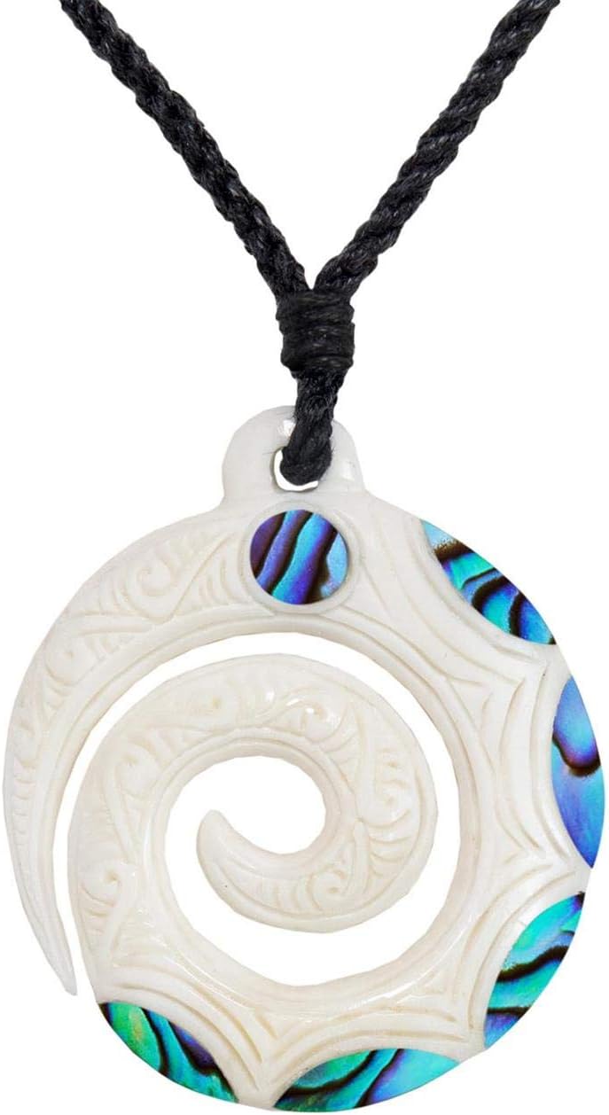 81stgeneration Unisex Geschnitzter Knochen Paua Abalone Runder Koru Gemusterter Anhänger Halskette