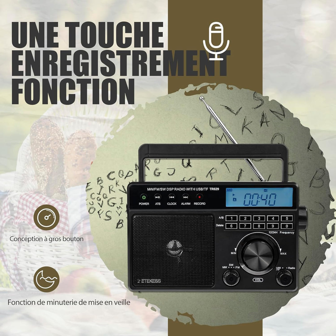 Retekess TR629 Tragbares Radio,Weltempfänger Radio mit Lautsprecher,FM AM SW LW,AC Kabel oder Batter