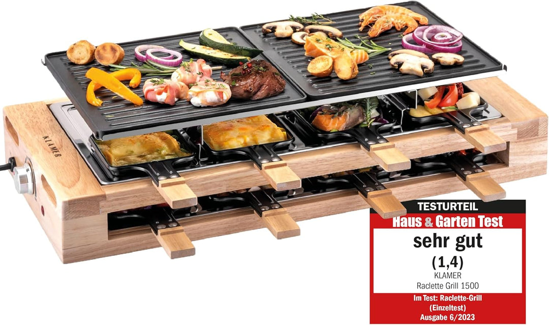 KLAMER Raclette 8 Personen, 1500W Raclette Grill mit Holzgestell, Raclette mit antihaftbeschichteter
