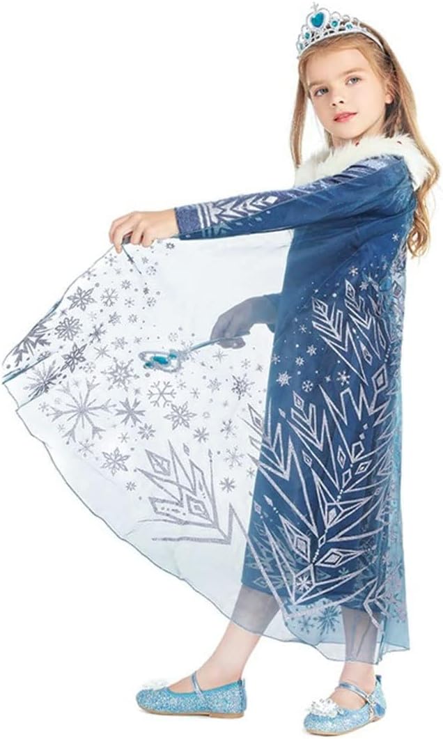 Elsa Prinzessin Kleid,Frozen Elsa Kostüm für Mädchen Kleid mit Zubehör,Schneeflocke Plüschkragen Kle
