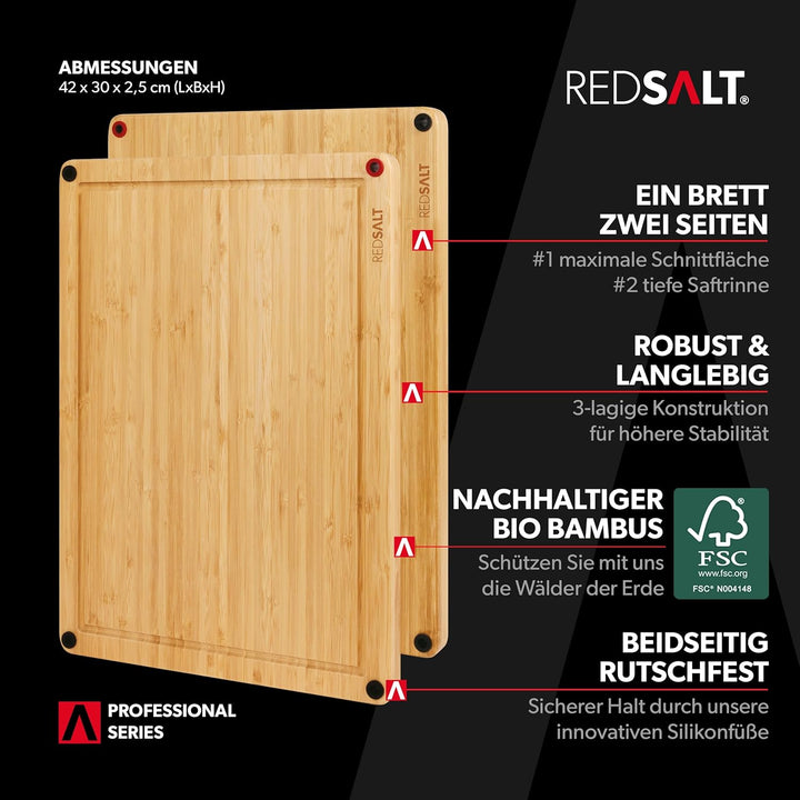 REDSALT® innovatives Bio Bambus Holz Schneidebrett rutschfest | 42x30x2,5cm gross Holzbrett beidseit