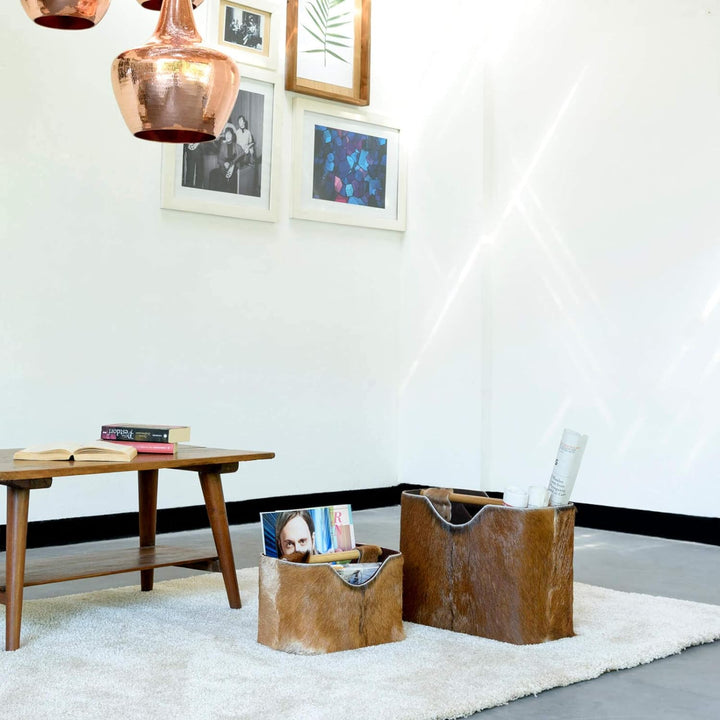 wohnfreuden Ziegenfell Zeitungsständer eckig braun 30 cm - Holz Zeitungshalter Korb klein