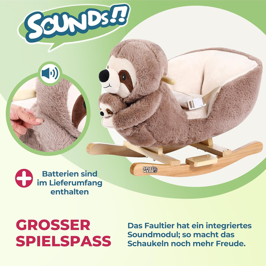 Spielwerk® Schaukeltier Faultier mit Babyfaultier inkl. Sound Effekt Sicherheitsgurt Plüsch Schaukel