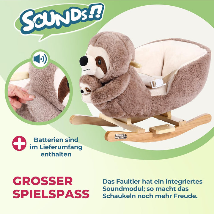 Spielwerk® Schaukeltier Faultier mit Babyfaultier inkl. Sound Effekt Sicherheitsgurt Plüsch Schaukel