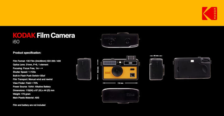 Kodak i60 Wiederverwendbare 35-mm-Filmkamera – Retro-Stil, fokussierfrei, integrierter Blitz, Drücke