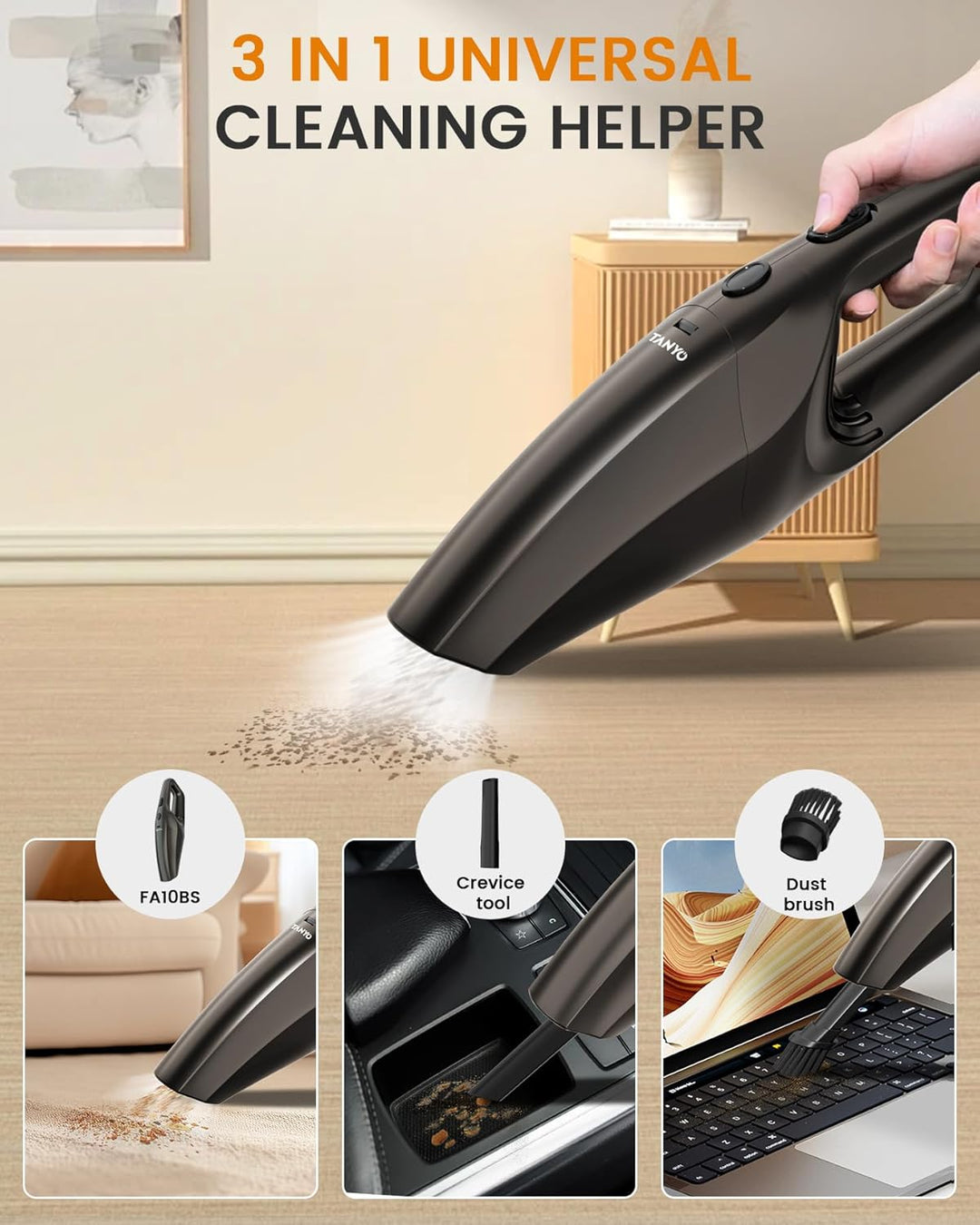 TANYO Handstaubsauger Akku, 12000Pa Kabellos Tragbar Handstaubsauger mit Waschbar HEPA-Filter, Mini