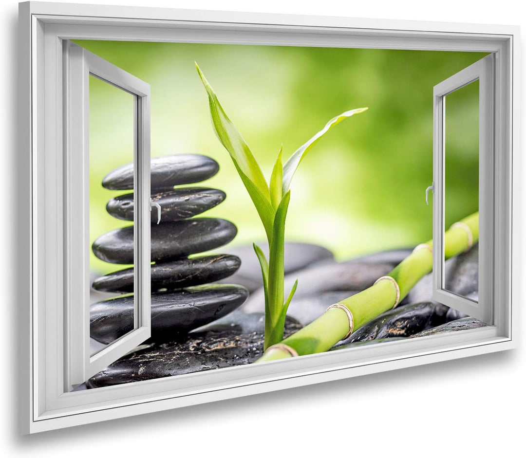 islandburner Bild auf Leinwand Fensterblick Zen Basaltsteine und Bambus Sagenhafter Effekt Wandbild