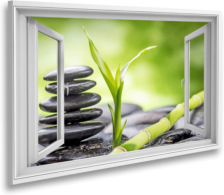 islandburner Bild auf Leinwand Fensterblick Zen Basaltsteine und Bambus Sagenhafter Effekt Wandbild