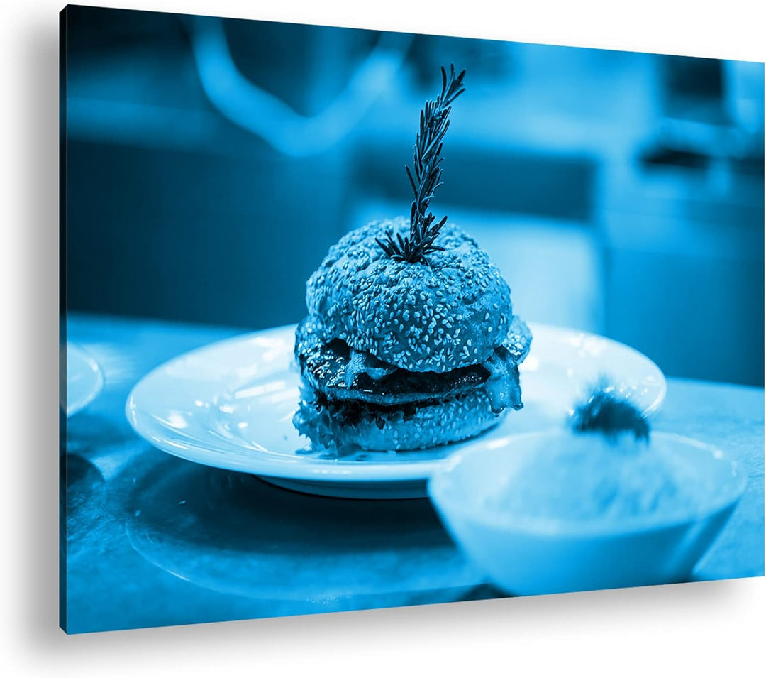 deyoli köstlicher Hamburger Format 80x60 Effekt: Monocrome Blau als Leinwandbild, Motiv fertig gerah