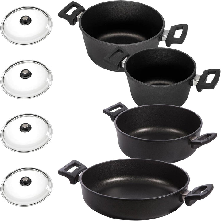 Eurolux Universal-Topfset Induktion Aluguss beschichtet 8-teilig - schwarze Koch-Töpfe Set & Deckel