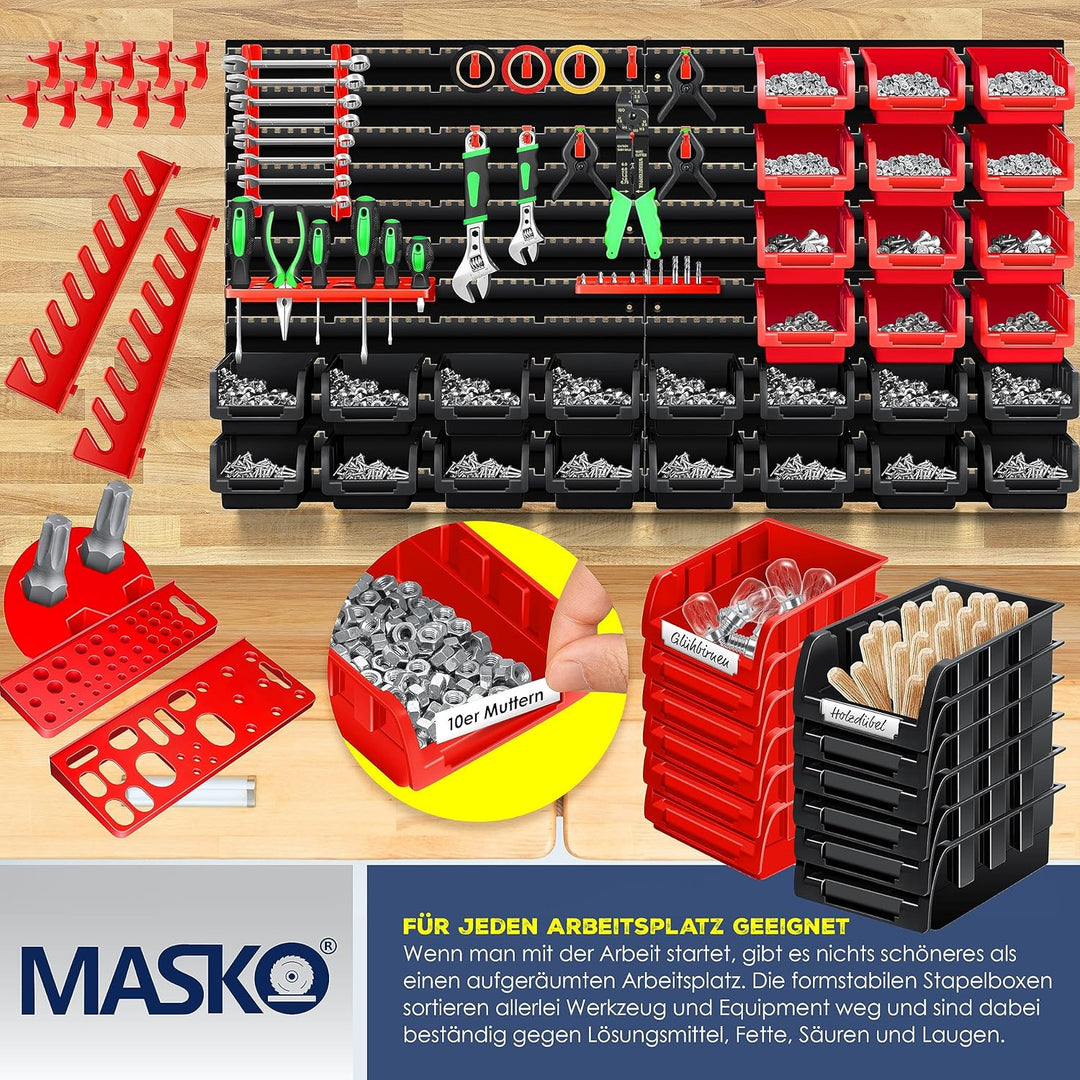 MASKOยฎ Wandregal + Stapelboxen + Werkzeughalter | 45 TLG Box | Erweiterbar | Werkstattregal Lagerreg