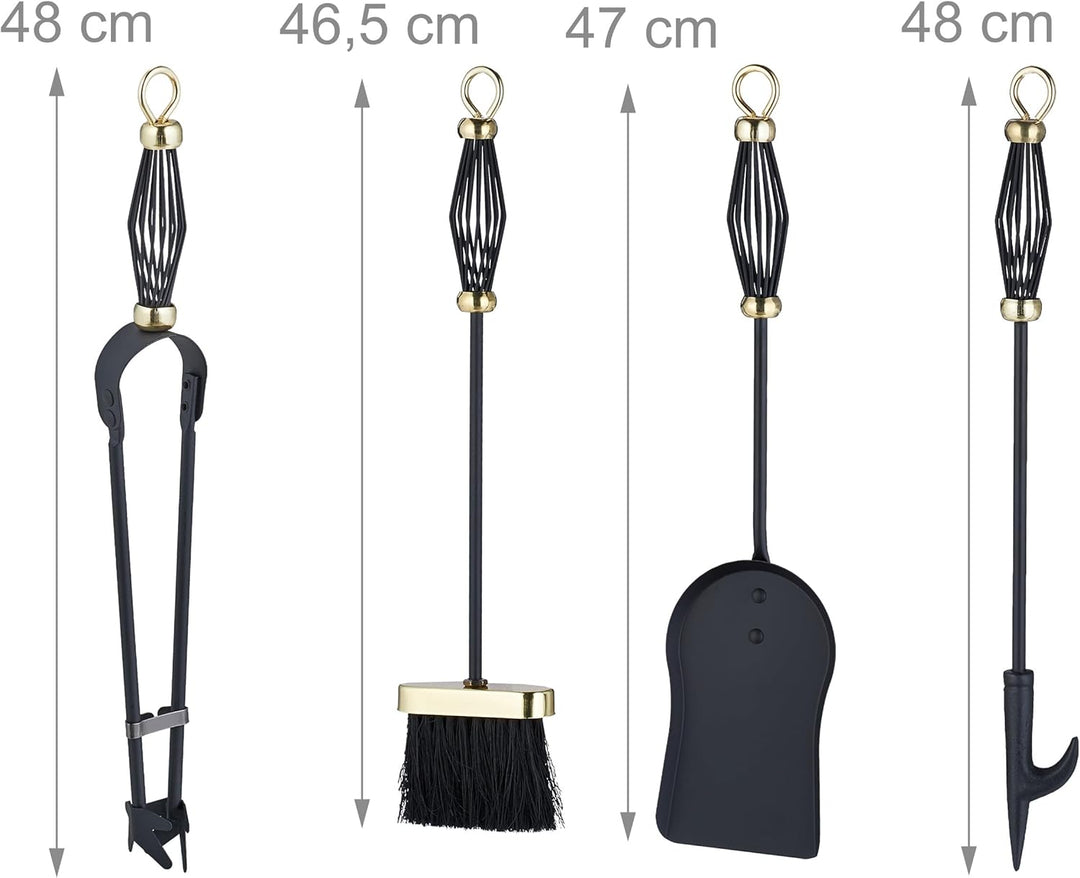 Relaxdays Kaminbesteck 5tlg. Set, Schürhaken, Ascheschaufel, Besen, Zange & Ständer, Eisen, Kamingar