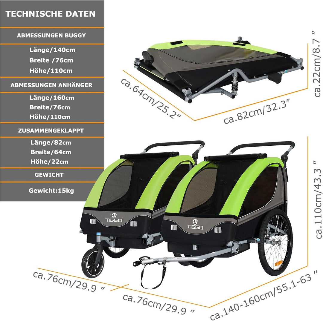 Tiggo S2 Kinderanhänger mit Federung Jogger 2 in 1 Kinder Buggy fahrradanhänger Anhänger 360° Drehba