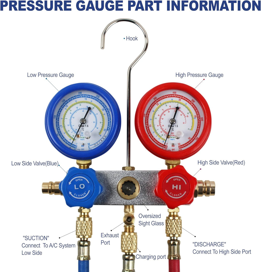 BACOENG Klimaanlage Split Monteurhilfe Kfz R134A R410A R407C R22 mit Schlauchset Schnellkupplung Man