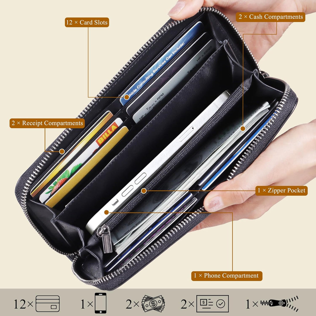 VISOUL Premium Brieftasche Echtleder/Italienisches Leder mit RFID-Schutz, XXL Geldbörse Schwarz L02,