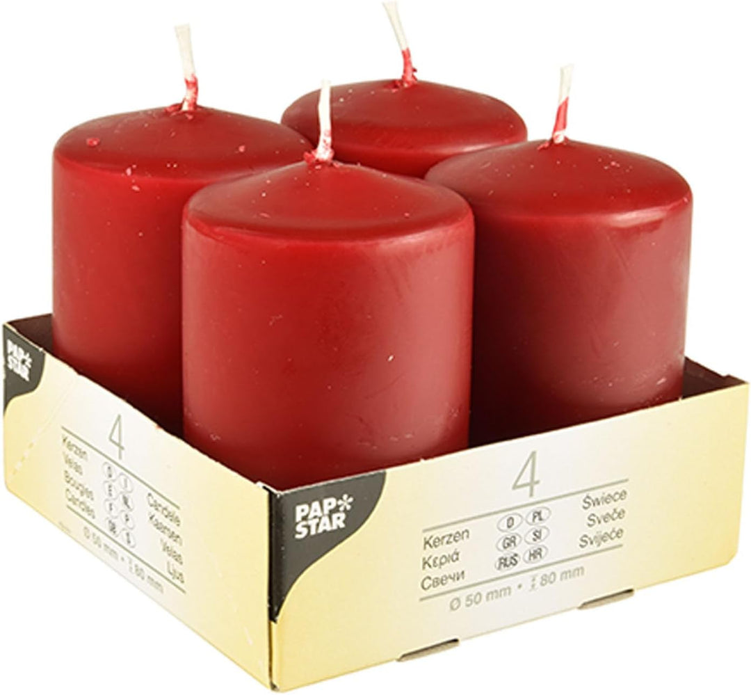 PAPSTAR 6x4 4 Stumpenkerzen Ø 50 mm 80 mm Bordeaux (10495)