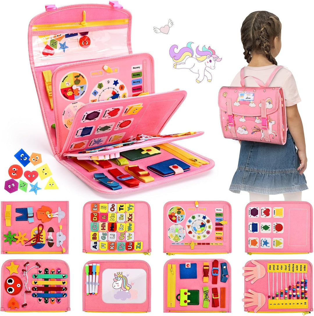 BuzzoXerex Busy Board Deutsch, 8 Seiten in 1 Busy Book, Filz Quiet Book Kleinkinder ab 1 Jahre mit S