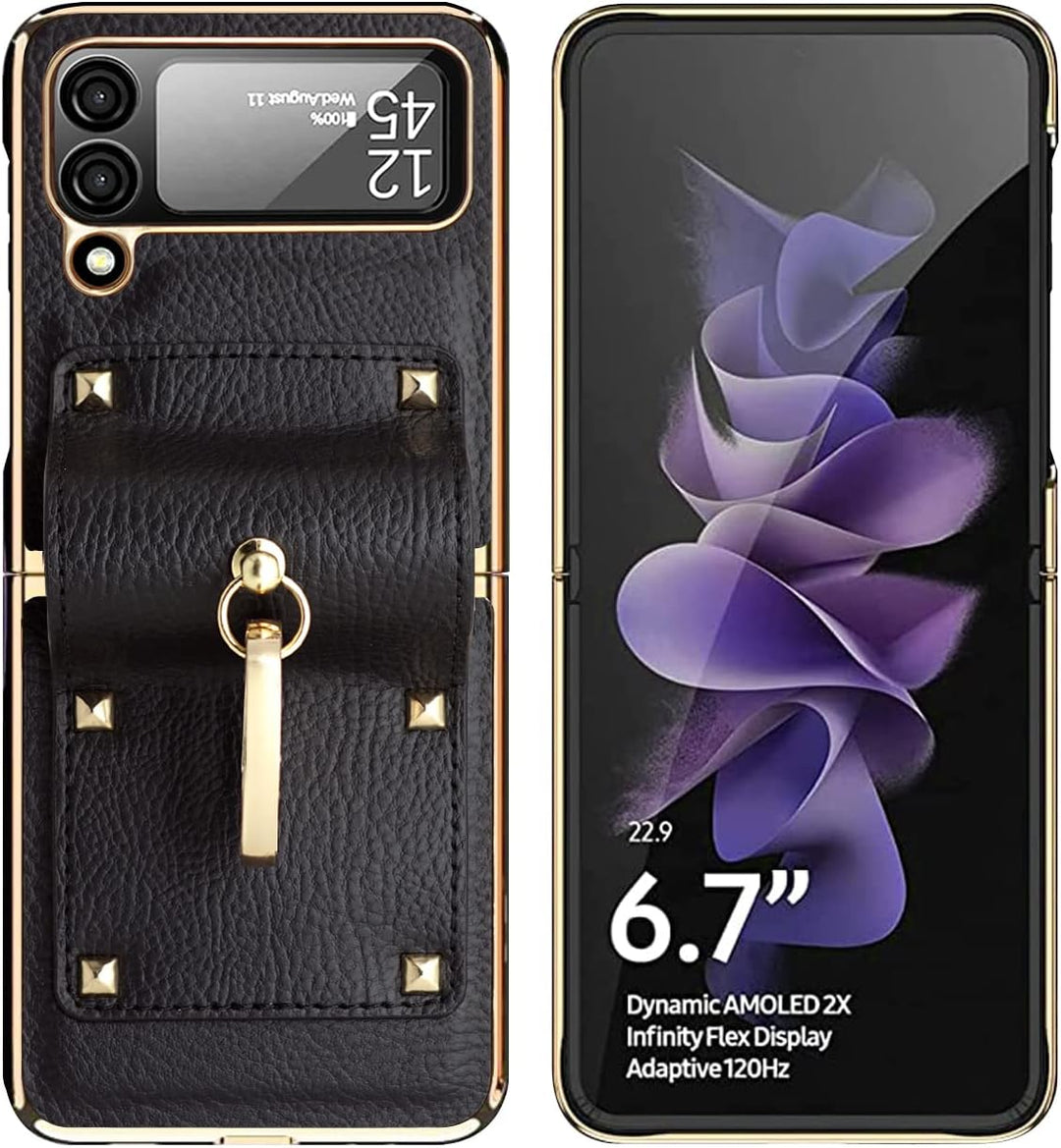 COQUE Hülle für Galaxy Z Flip 4,Schutzfolie Shell All-in-One Leder All-Inclusive Handyhülle mit Ring