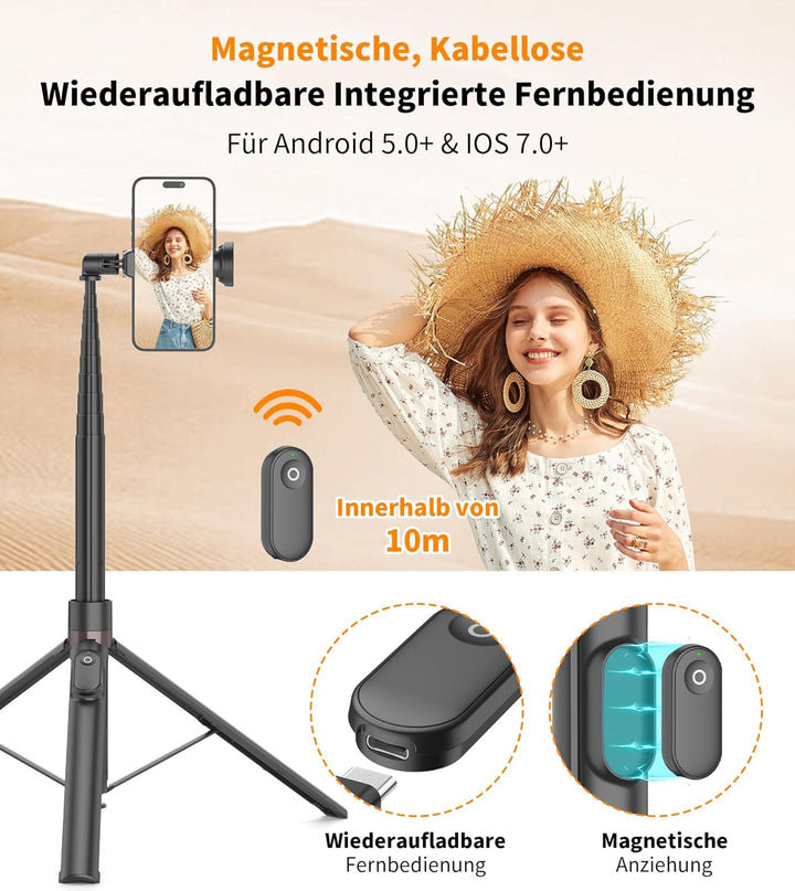 TONEOF 168cm Automatisches Selfie Stick Stativ, Handy Stativ mit Magnetischer Wiederaufladbarer Fern