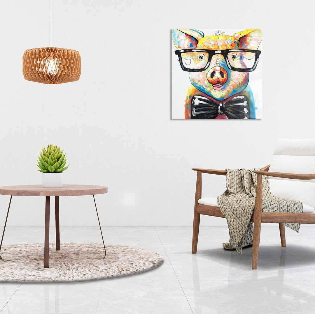 Fokenzary handbemalt Cute Pig mit Brille Pop Art Wand Leinwand Gemälde gerahmt fertig zum Aufhngen 1