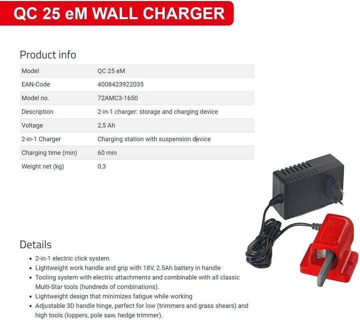 WOLF Garten | e-Multi-Star™ Wand-Ladestation QC 25 eM | Ladestation mit Aufhängevorrichtung; 72AMC3-