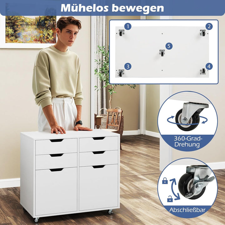 COSTWAY Rollcontainer mit 4 Schubladen und 2 Türen, Aktenschrank mit Rollen, Druckerständer, Bürosch