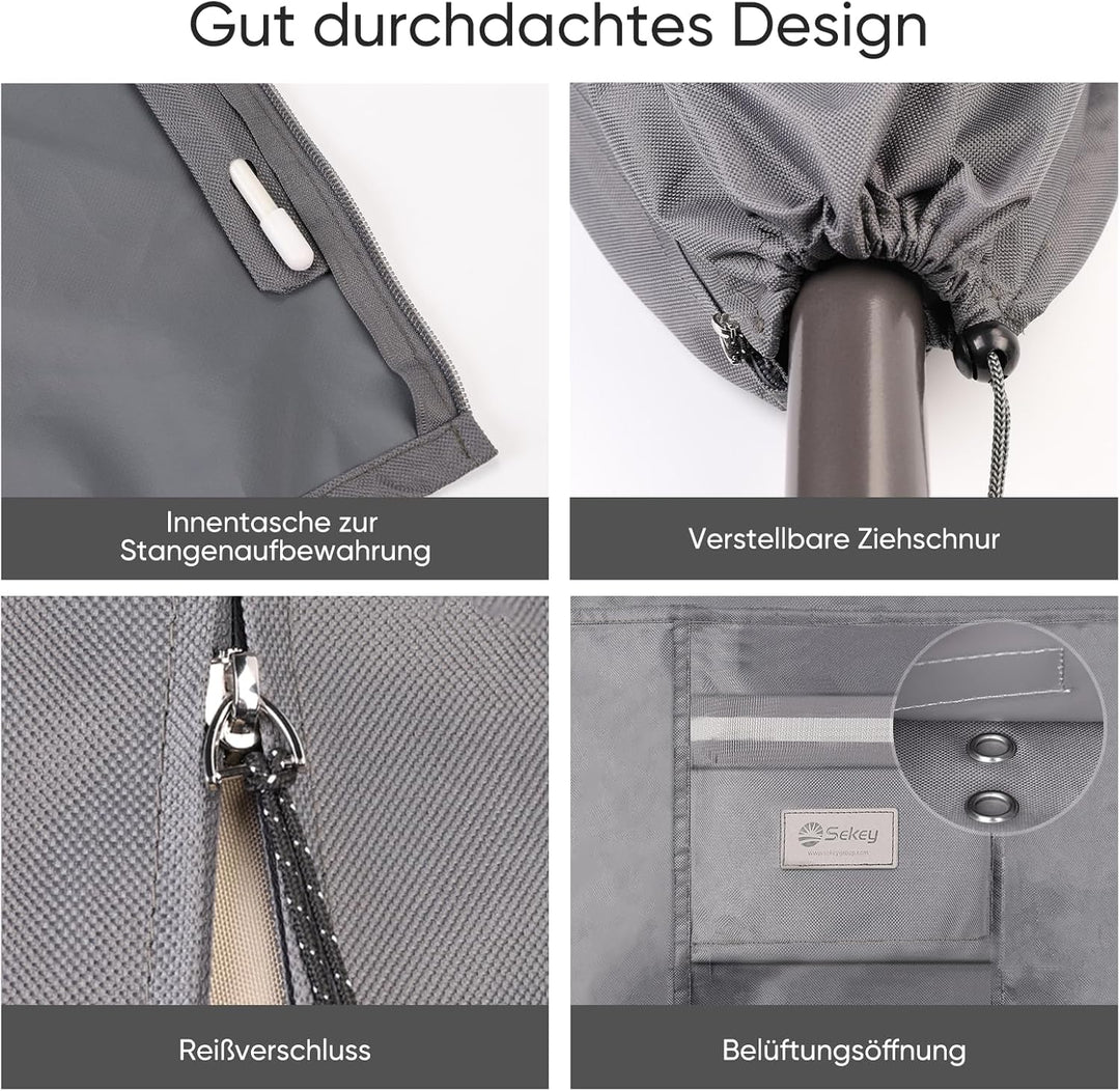 Sekey® Schutzhülle für Ø 300 cm Sonnenschirm, Abdeckhauben für Sonnenschirm 175cm x 27,5/35,5cm Grau