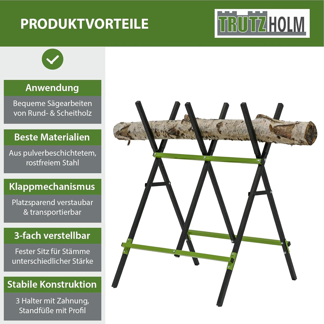 TRUTZHOLM Holzsägebock klappbar Stahl pulverbeschichtet 100 kg Traglast 3-fach verstellbarer Kettens