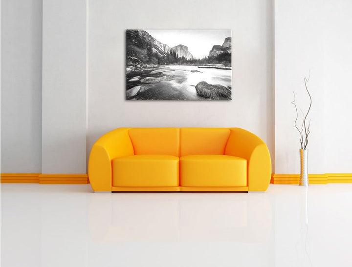Pixxprint Yosemite National Park California Kunst Kohle Effekt, Format: 100x70 auf Leinwand, XXL rie