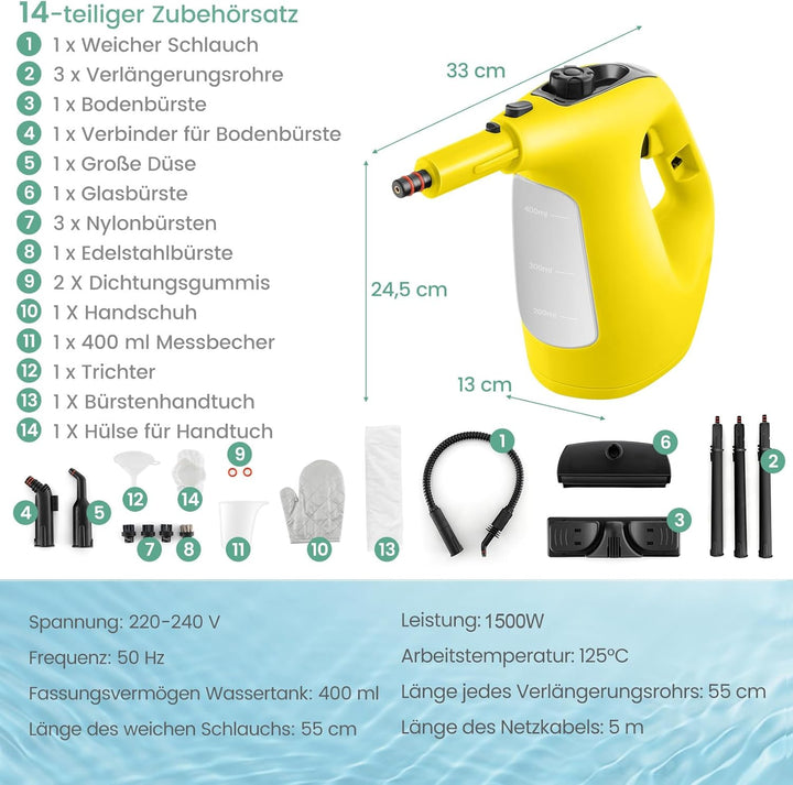 COSTWAY Dampfreiniger 1500W, Tank: 400 ML, Temperatur: bis zu 125℃, Aufheizzeit: 1 min., Dampfdruck: