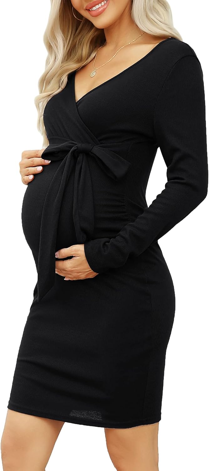 KOJOOIN Damen Umstandskleid Enge Langarm Stillkleid V-Ausschnitt Schwangere Kleider Mutterschaft Sch