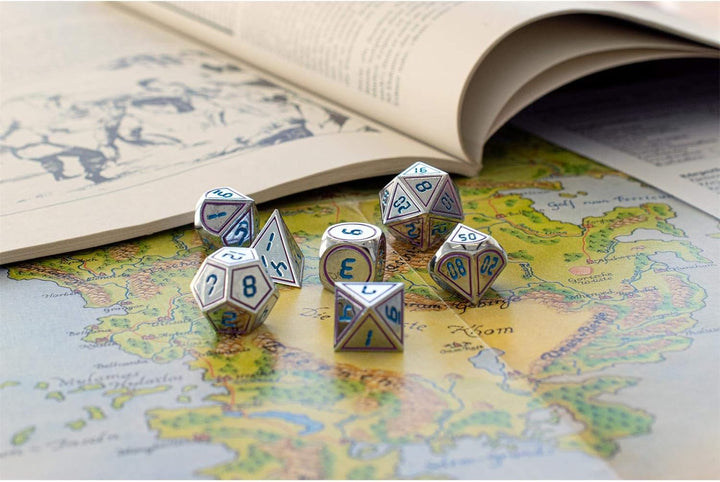shibby 7 polyedrische Metall-Würfel für Rollen- und Tabletopspiele in Digital Optik D2 inkl. Aufbewa
