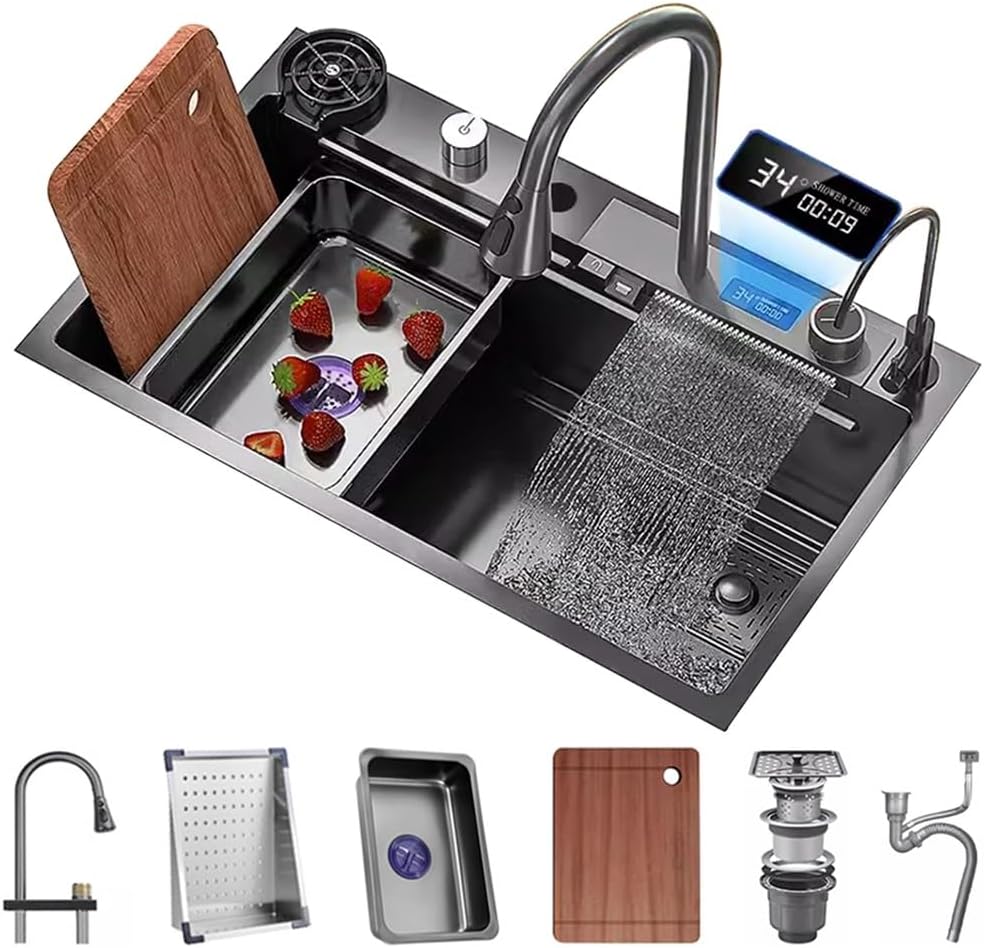Edelstahl Wasserfall Waschbecken Mit Display Screen Single-Bowl Küchenspüle RV Waschbecken Mit Cup W
