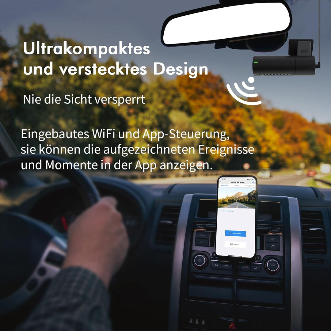 Dashcam Auto, KAWA D6 Dashcam 2K 1440P Voll QHD 30 fps - 360° drehbares Gehäuse Eingebautes WLAN für