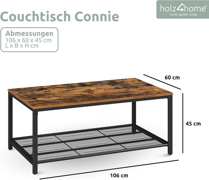 holz4home® Couchtisch Connie mit Gitterablage | 106x60x45 cm | Einfache Montage | Industrial-Look Br