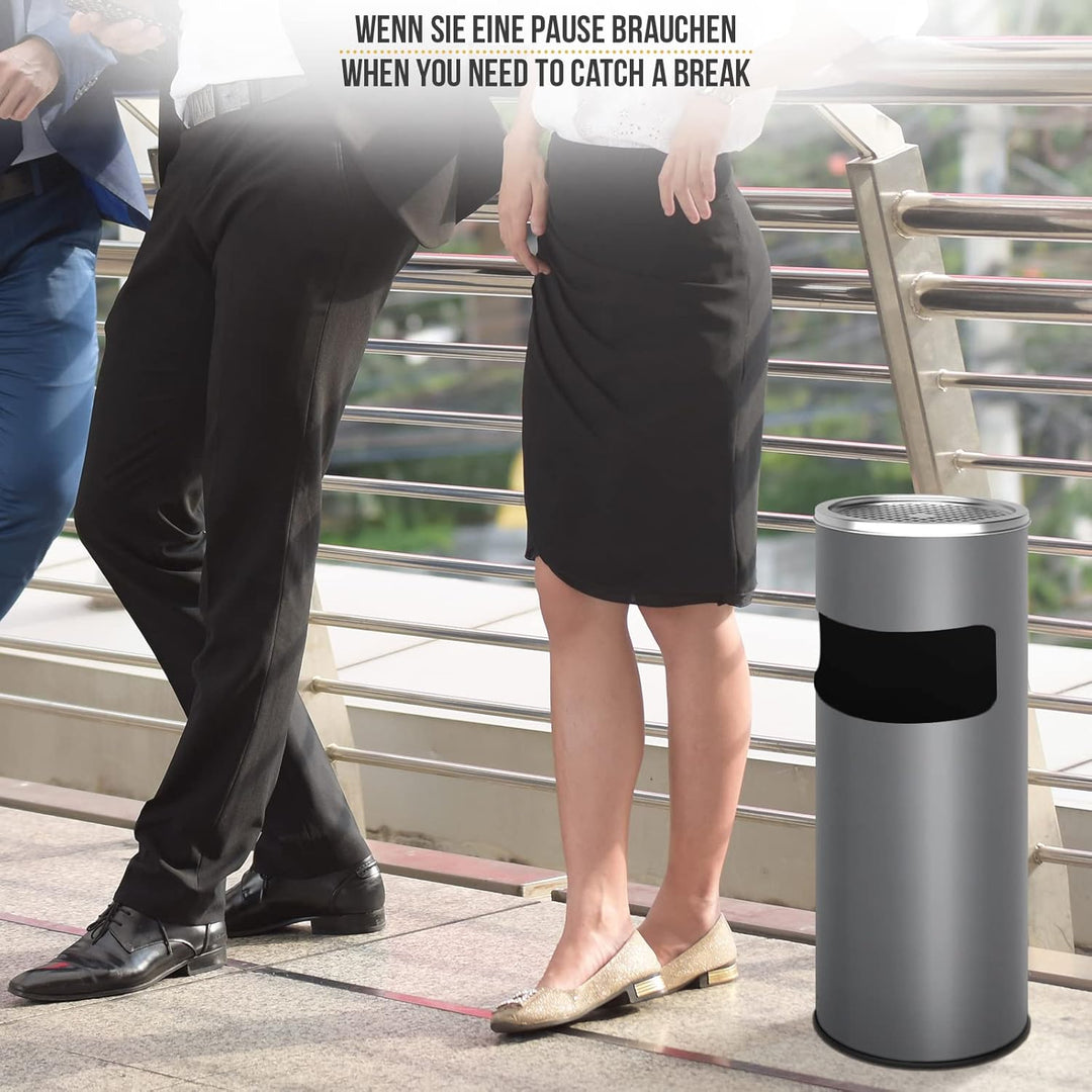 Jago® Standaschenbecher mit Mülleimer - 30 Liter, aus Edelstahl/Eisen, 2 in 1, Inneneimer, Deckel, O