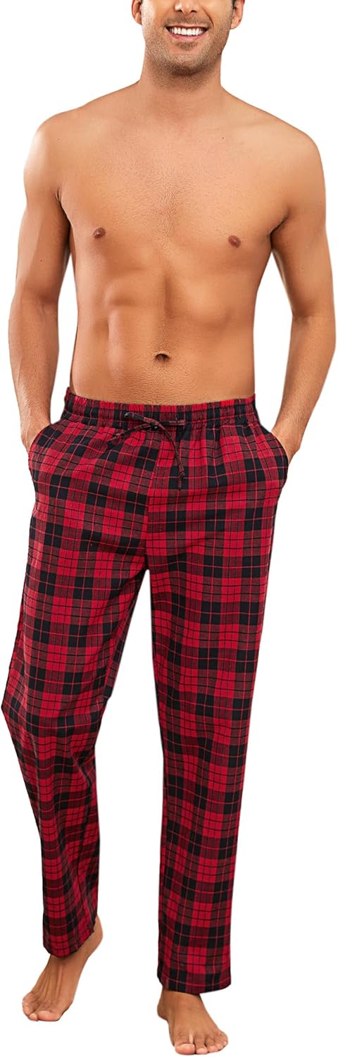 Litherday Schlafanzughose Herren Lang Kariert Pyjamahose 100% Baumwolle Nachtwäsche hose mit Taschen