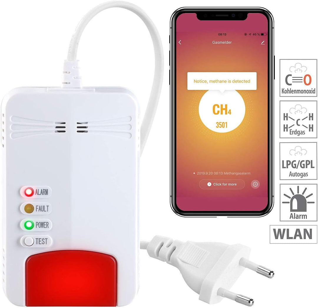 VisorTech Gasmelder Erdgas WLAN: Smarter Multi-Gasmelder für haushaltsübliche Gase, WLAN & App, 85 d