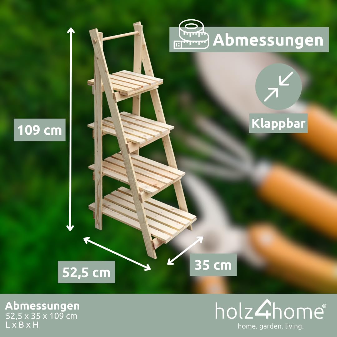 holz4home® Pflanzleiter mit 4 Ablagen I Grösse: 52,5 x 109 x 35 cm I Blumentreppe aus Tannenholz hel