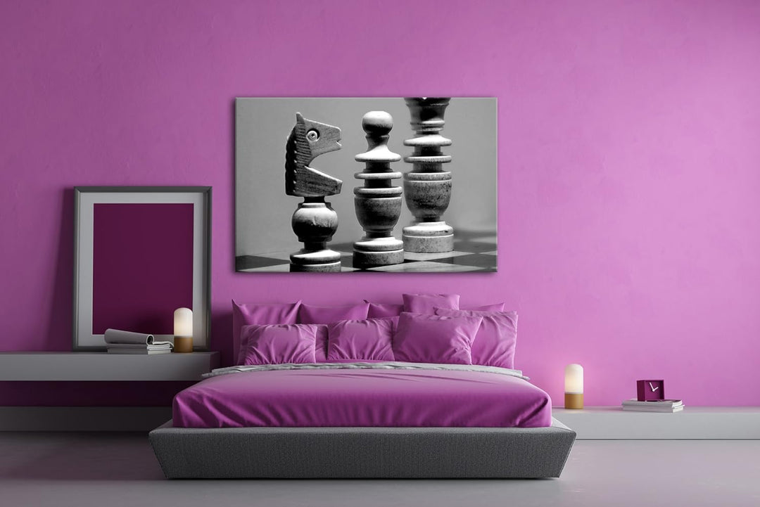deyoli Schachfiguren auf einem Schachbrett Effekt: Schwarz/Weiss im Format: 100x70 als Leinwandbild,