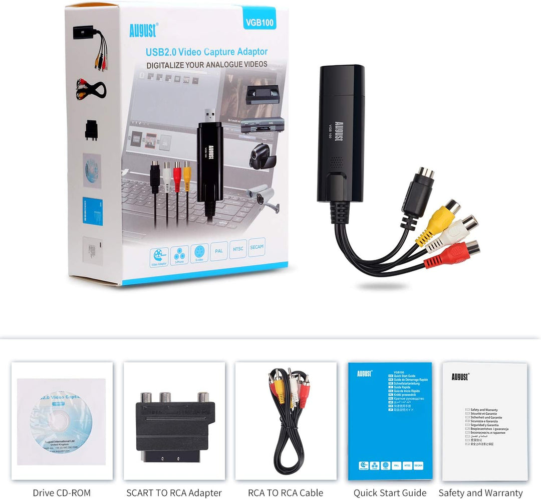 USB 2.0 Audio Video Grabber Konverter - August VGB100 - Scart, S-Video, Composite – VHS Hi8 Kassette