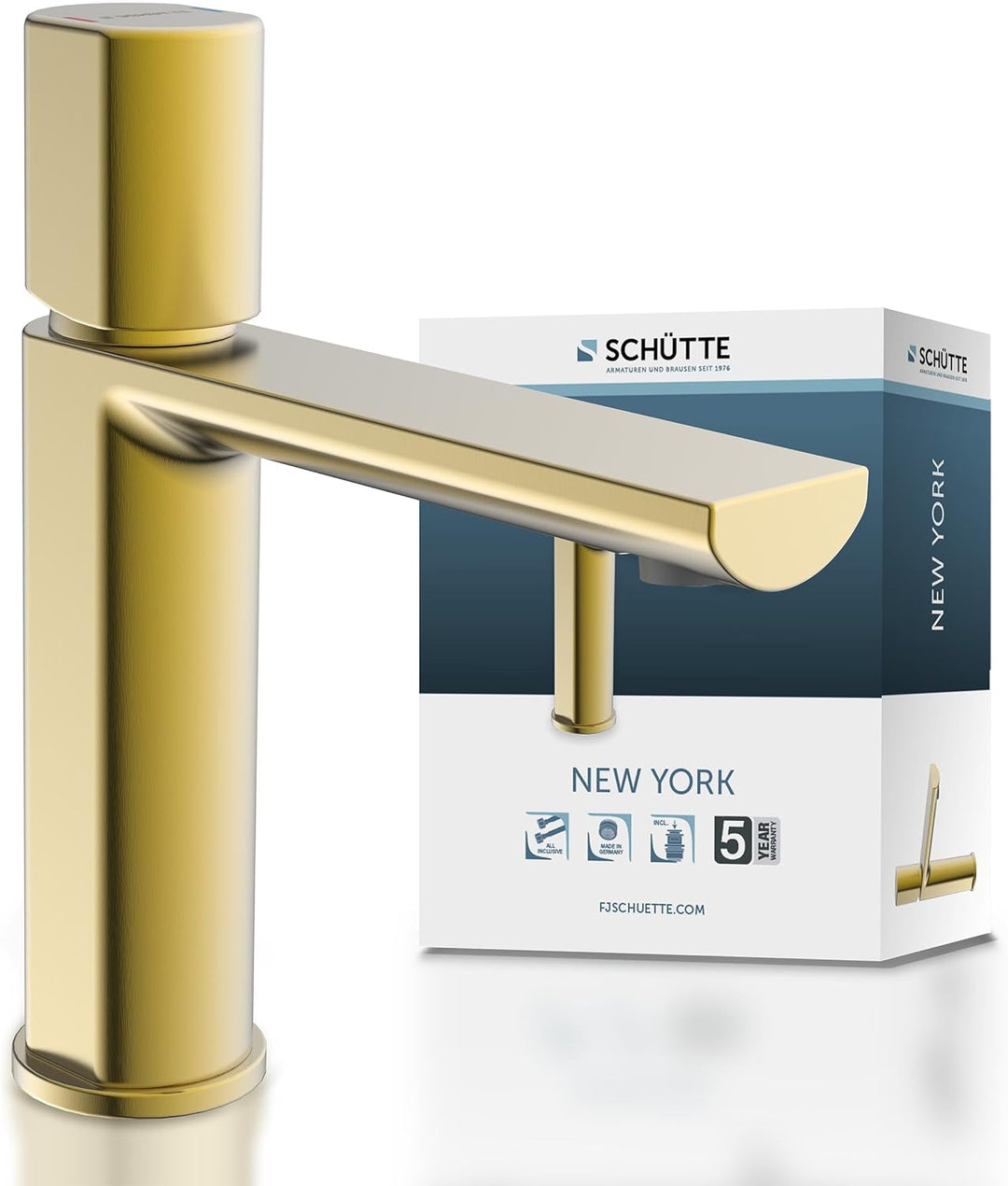 Schütte 33617 NEW YORK Waschtischarmatur Gold mit Ablaufgarnitur, Mischbatterie mit Pop-Up Ventil, B