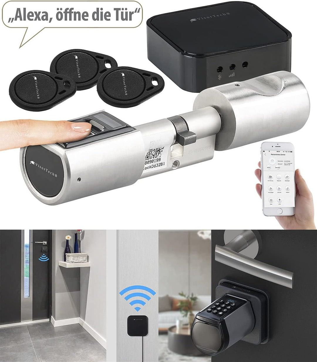 VisorTech Fingerprint Türschloss: Elektronischer Tür-Schliesszylinder, Fingerprint, Transponder, Gat