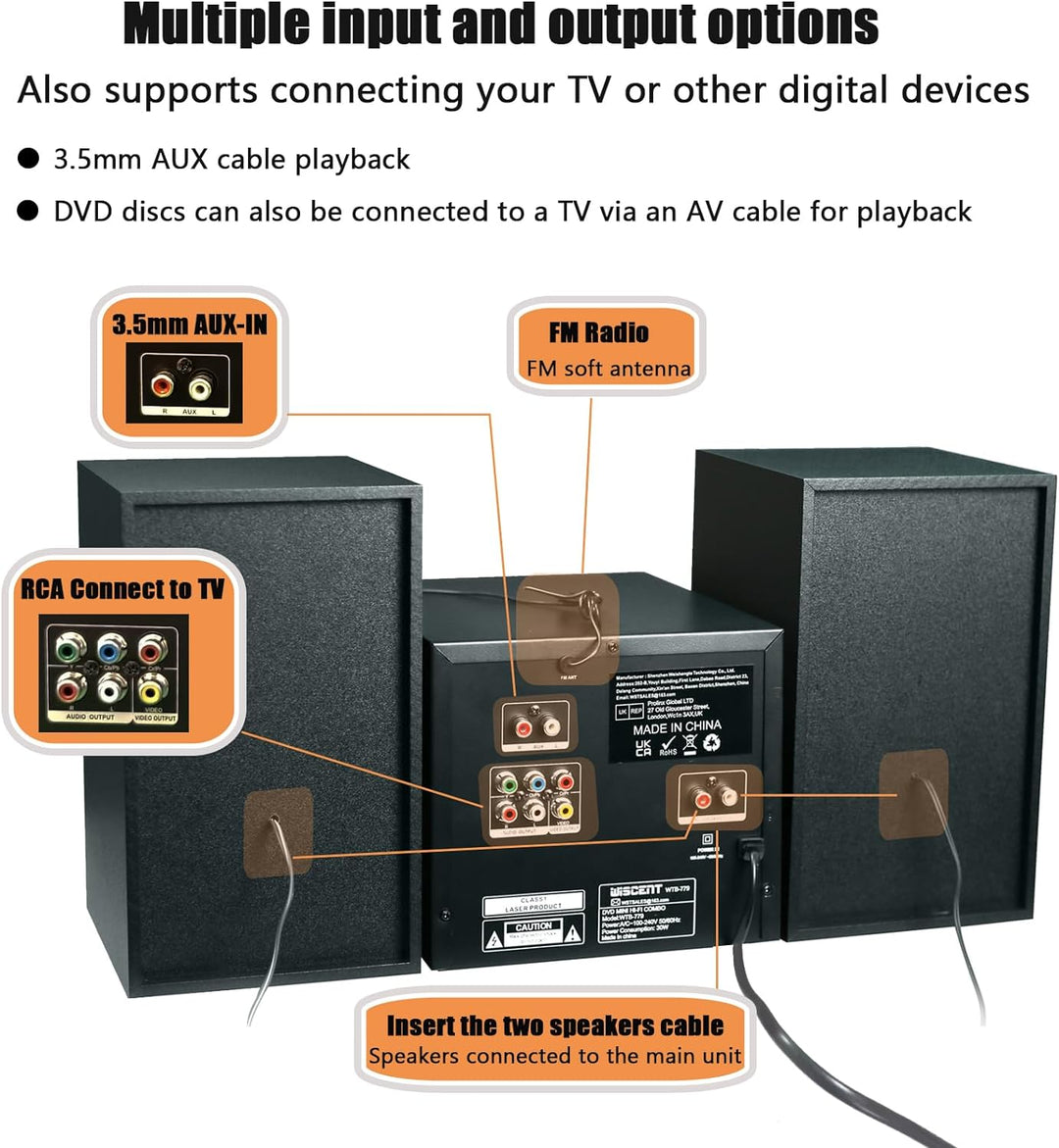 WISCENT HiFi-System Stereo-Systeme mit Bluetooth (CD-Player, DVD-Player, UKW-Radio, USB, AUX-Eingang
