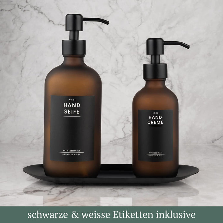 MONOKO 2er Set Seifenspender Braun Matt aus Glas mit Tablett | 500/250ml Spülmittelspender Küche | F