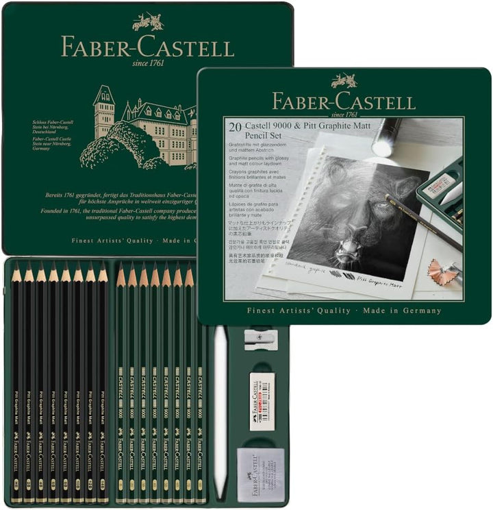 Faber-Castell 115224 - Bleistifte Set Pitt Graphite Matt & Castell 9000, 20-teilig, inkl. Papierwisc