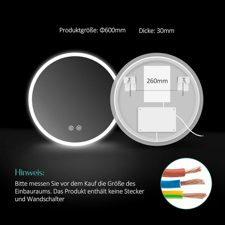 EMKE Badspiegel mit Beleuchtung Rund 60cm Badezimmerspiegel mit Touchschalter, 3 Lichtfarben dimmbar