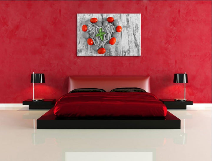 Herz aus Tomaten, Nudeln und Basilikum schwarz/weiss Format: 100x70 auf Leinwand, XXL riesige Bilder